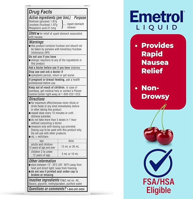 Emetrol Non-Drowsy Liquid Nausea Relief - Upset Stomach Medicine - Pharmacist Recommended Nausea Relief - Cherry Flavor - 4fl oz, 2 Pack