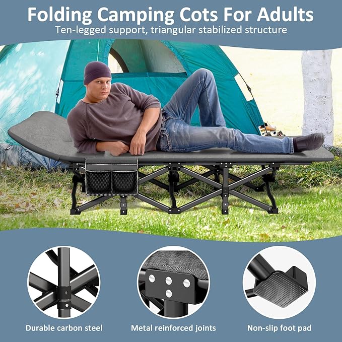 Camping Cot, Folding Cot Bed for Adults with Built-in Mattress and Pillow, Portable Outdoor Sleeping Cot for Camping and Travel, with Carry Bag, Grey, Max Load 450 LBS