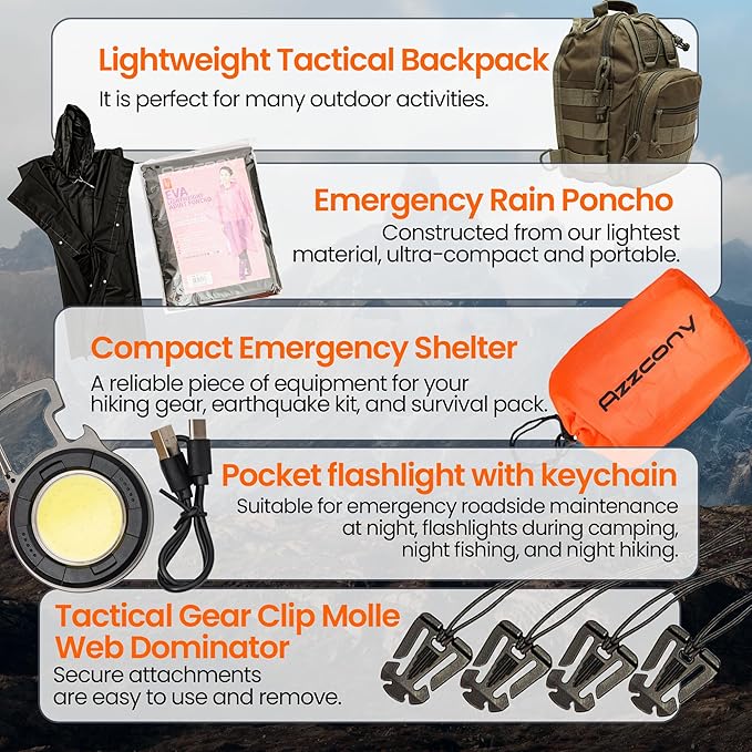 Emergency Survival Kit with First Aid Gears and Supplies - EDC Go Bugout Bag - Get Home Backpack for Camping Outdoor - Tactical Military Molle Pouch Grade - Gift for Man Woman
