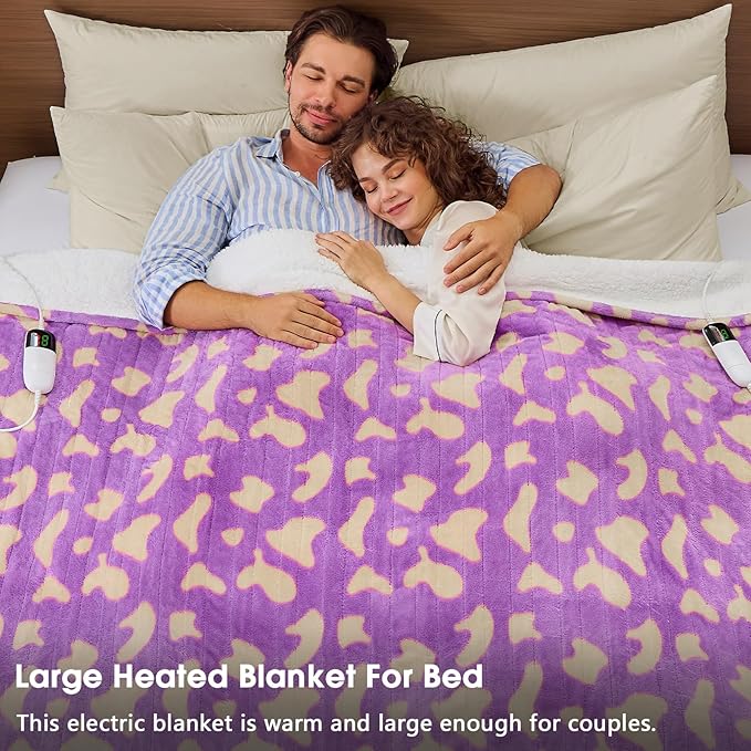 Leopard Print Electric Heated Blanket Queen Size,84X90 Purple Heating Blanket Queen With Dual Control&Timer&10 Heat Levels,Cute Leopard Fleece Sherpa Blankets Warmer Gifts for Bed Women Adults,ETL