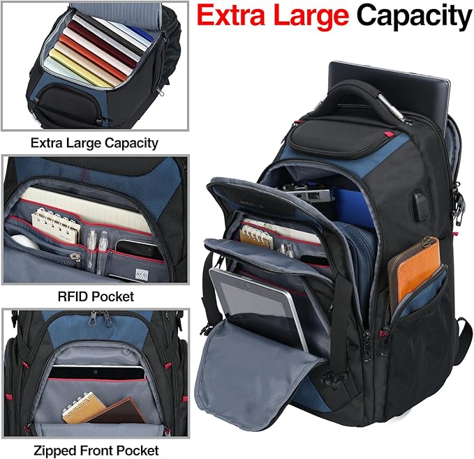 KROSER Travel Laptop Backpack 17.3 Inch XL Computer Backpack with Hard Shell Saferoom RFID Pockets Water-Repellent Business College Daypack Stylish Bag for Men/Women-Black Haze Blue