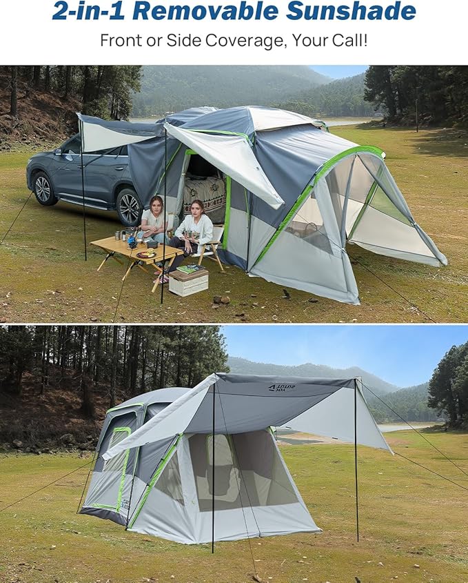JOYTUTUS SUV Tent with Screen Porch and Awning for Family Camping, 60% More Space Car Tent for 5-9 Person, Dual-Use SUV or Camping with Rainfly, Double Door, Starry Sky Roof, Fit for SUV Car Van