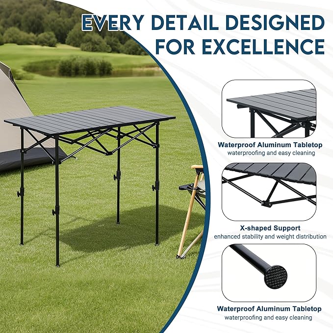 LOFTEY Folding Camping Table, Adjustable Height Aluminum Camp Table with Roll Up Top, Lightweight with Carry Bag, Portable for Camping, Backyard BBQ, Tailgating, 37.4" L x 21.7" W x 32" H, Black