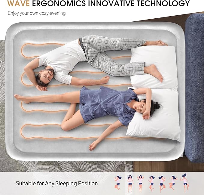 DIVON Air Mattress Queen with Built in Pump,Blow Up Mattress with Wave Pattern in 3 Mins,18'' Quick Inflatable Mattress, Luxury Airbed for Home&Camping,Black,660lbs