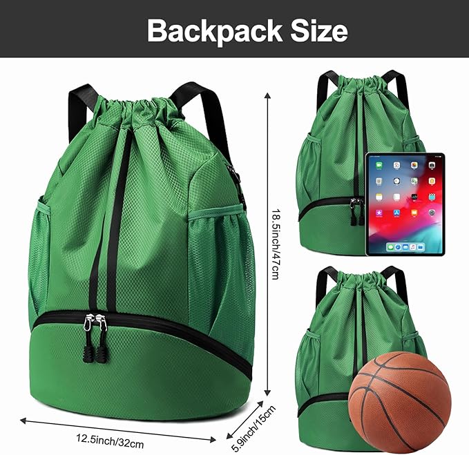 Hoedia Sports Drawstring Backpack - String Swim Gym Bag with Shoes Compartment and Wet Proof Pocket for Women/Men (Dark Green)