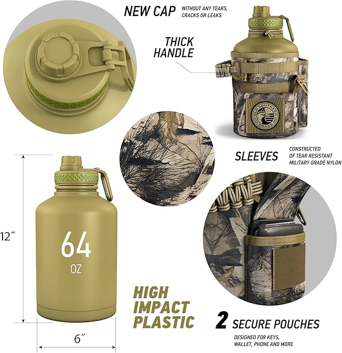 Combat Canteen - 64oz Insulated Water Bottle with Paracord Handle, Stainless Steel Water Jug with Rugged Pockets for Keys, Wallet & Phone - Woodland Camo