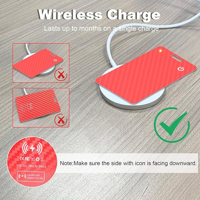 Wallet Tracker Card, Slim Rechargeable Bluetooth Item Locator, Smart Finder Compatible with Apple Find My for Wallet, Luggage, Passport, IP68 Waterproof (iOS Only) (Carbon Fiber Red)