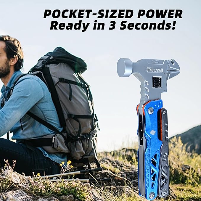 18-in-1 Multipurpose Tool Kit, Survival Camping Gear & Fishing Gifts for Dad - Multitool with Hammer, Pliers, Screwdriver and Pocket Knife for Men