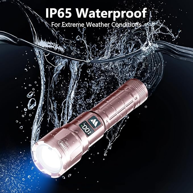 WdtPro LED Rechargeable Flashlight 2 Pack, Super Bright Zoomable 6000 Lumens Tactical Flashlight with LCD Digital Display, 3 Mode Waterproof Flash Light for Camping, Hunting & Home Emergency - Pink