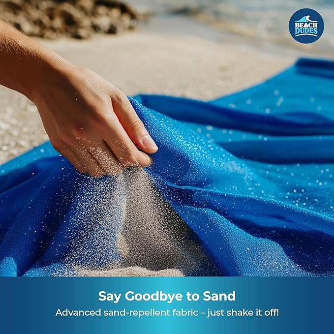 Sandproof Waterproof Beach Blanket Extra Large 108"x 84", Mat for Family, Quick Dry Ripstop Nylon Lightweight, Compact for Travel, Picnic, Camping w/ 4 Anchor Stakes and Carry Bag