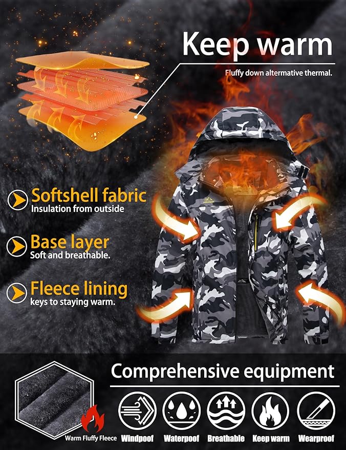 TACVASEN Men's Winter Ski Jacket Waterproof Snow Coats Snowboard Fleece Lining Jacket Warm Parka with Hooded