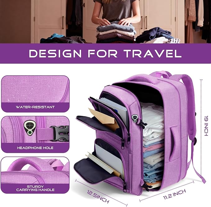 Travel Backpack for Women, Expandable Carry on Backpack, TSA 17.3 inch Laptop Bag Flight Approved, Lightweight Waterproof Business Luggage Bag, Travel Gifts for Women, Purple