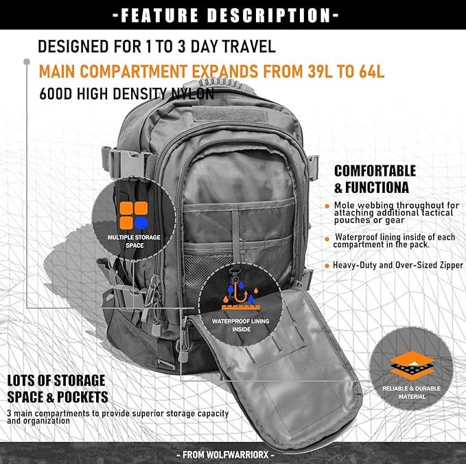 Tactical Backpack Military Hiking Daypack - Molle Backpack for Men 3 Day Assault Pack Bug Out Bag for Camping (Grey)