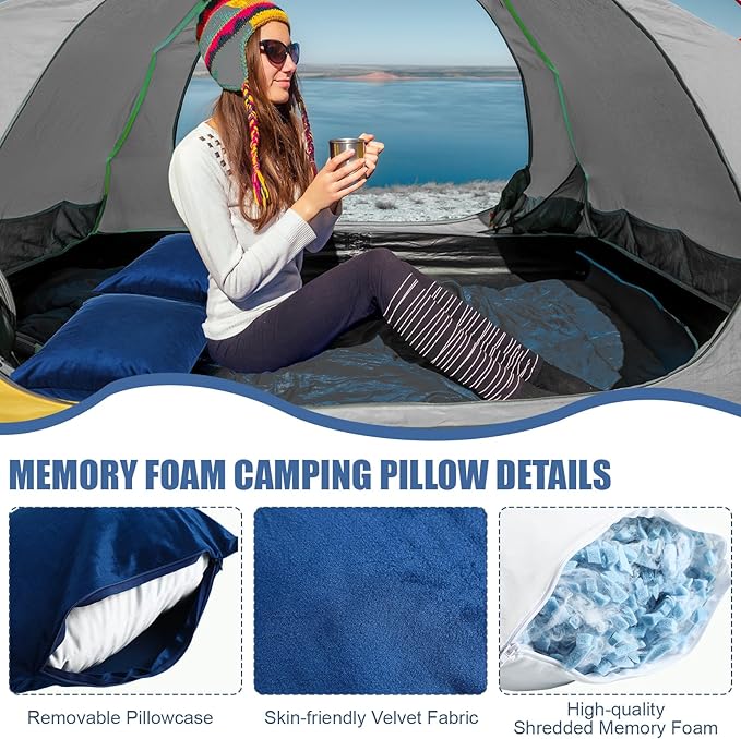 2 Pack Camping Pillow for Sleeping Shredded Memory Foam Travel Pillow with Storage Bag, Compressible Portable Pillow for Outdoor Camp Backpacking Hiking Essential Gear(Blue,Medium)