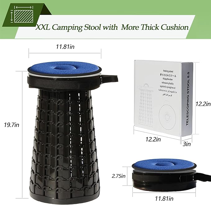 ALEVMOOM 2025 Upgraded XXL Collapsilbe Stool with Cushion,More Sturdy and Height 19.7“,D11.8”,Portable and Lightweight Adjustable Telescoping Stool for Camping Hiking BBQ Max Loading 1000Ibs