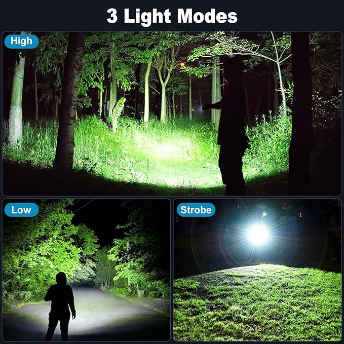 3 Pack Rechargeable Flashlights 90,000 High Lumens, Super Bright LED Flash Light with 3 Light Modes, High Power Flashlight with Charging Cables, IPX7 Waterproof for Camping, Outdoor, Home