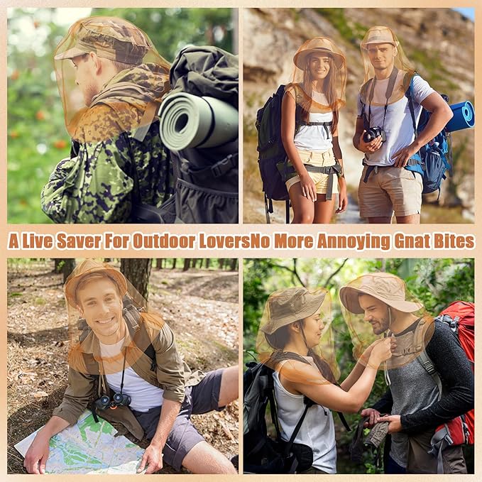 Hestya 2 Pack Mosquito Head Mesh Net Midge Insects Bugs Head Face Net Protecting for Outdoor Hiking Camping Climbing Walking(Khaki)