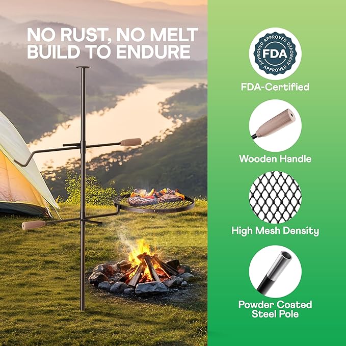 IDZO Swivel Campfire Grill – Heavy Duty Fire Pit Grill Grate, 360° Adjustable Steel Cooking Rack for Open Fire, Portable Outdoor BBQ Campfire Grate for Camping, Hiking, Backyard & Survival Cooking