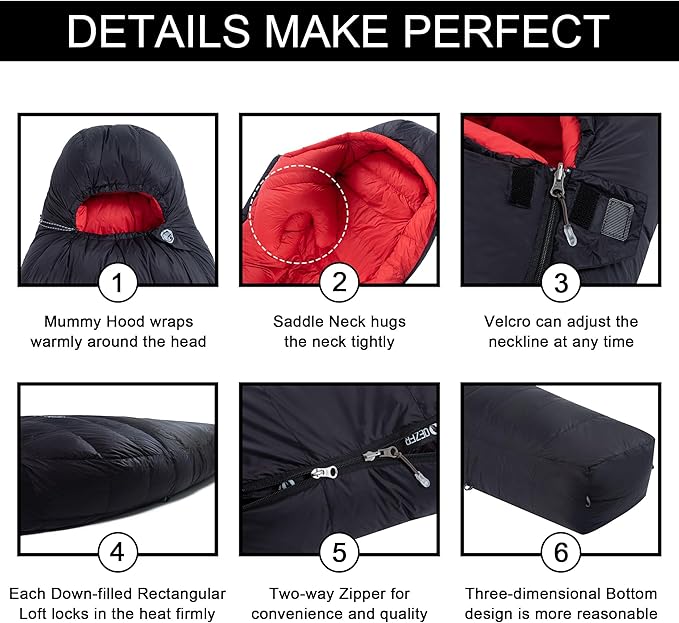 0 Degree Sleeping Bag for Adults 650 Fill Power Down Sleeping Bag for Cold Weather -20F / -8F / 0F / 10F Large Lightweight