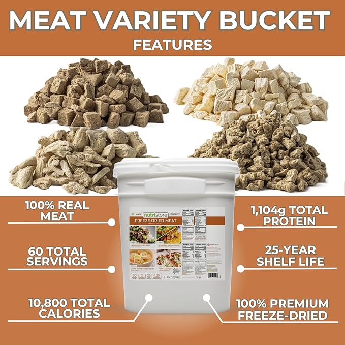 Nutristore Emergency Buckets | Premium Freeze-Dried Meats | 25-Year Shelf Life | Made in USA | Emergency Survival Food Supply | 60 Large Servings