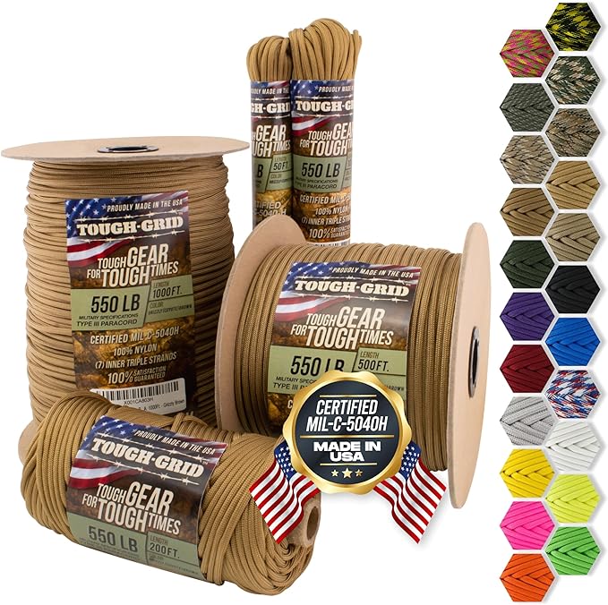 TOUGH-GRID 550 Paracord Rope Nylon Parachute Cord, Made in USA Survival Kit, Outdoor Adventures, Camping, Tactical Gear & Emergency Supplies, Military Type III Mil-Spec