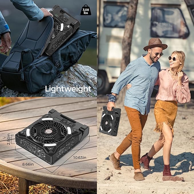 MORECORE 10000mAh 11inch Solar Camping Fan with Dual Charging, 4 Speeds & 3 Light Levels, 36H Run Time, Timer & 90° Adjustable, Portable Quiet Desk Fan for Hiking, Hurricane, Outages, Fishing-Black