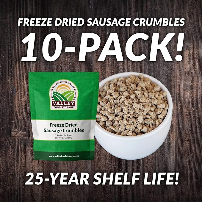 Freeze Dried Sausage Crumbles 10-Bag Bucket, 85 Oz | Premium Emergency Food Supply 25 Year Shelf Life | Prepper Supplies, Survival Food, Off Grid Living Supplies | Valley Food Storage Packaged in USA
