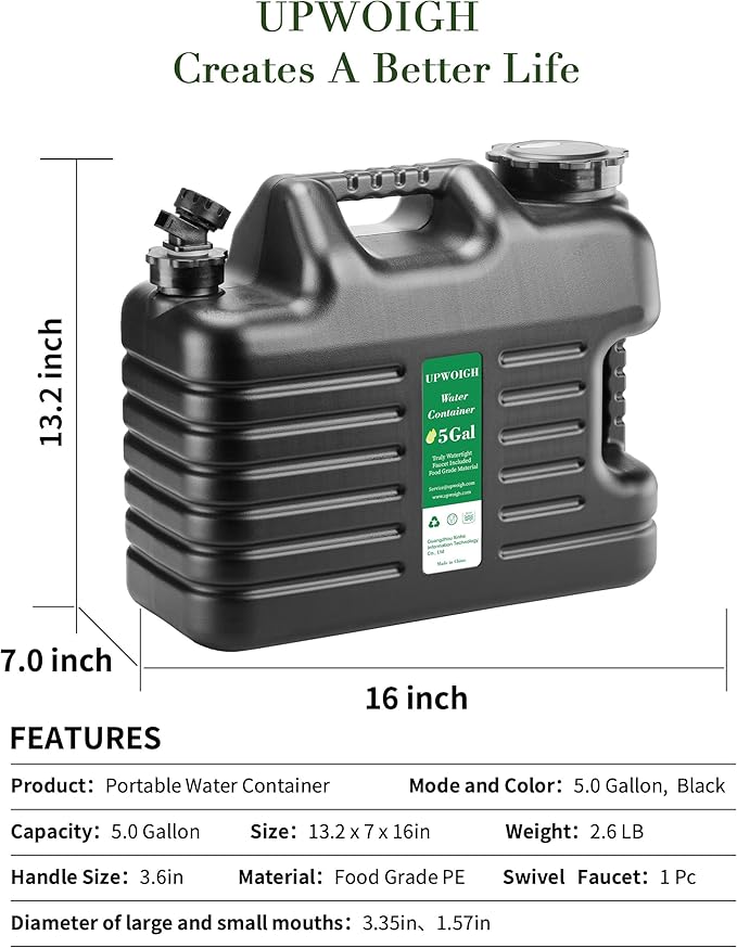 5 Gallon Water Jug(16x13.2x7in)and 2.6Gal Collapsible Water Bag Set of 2,BPA Free Water Tank Overlanding Gear Containers, Camping Essential Leak-Proof Black Portable Water Storage, Outdoors Hiking RV