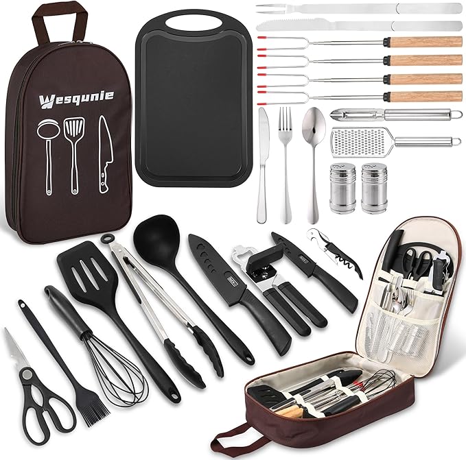 Camping Cooking Essentials Utensils Set - Camp Cookware Kitchen Accessories Kit, Camper Gear Must Haves, Stainless Steel & Silicone, RV Car Portable Outdoor Equipment Tool