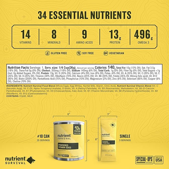 70 Egg Equivalent Nutrient Survival Vitamin Powdered Eggs Blend, Freeze Dried Prepper Supplies & Emergency Food Supply, 33 Essential Nutrients, Gluten Free, Shelf Stable Up to 25 Years Cage Free