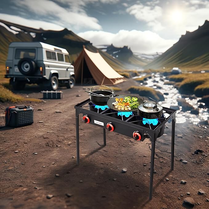 Vivicreate 3 Burner High pressure Propane Stove, 28 Inch Tall Camping Stove with cast iron burner 105000 BTU power, Stable Legs for Outdoor Use