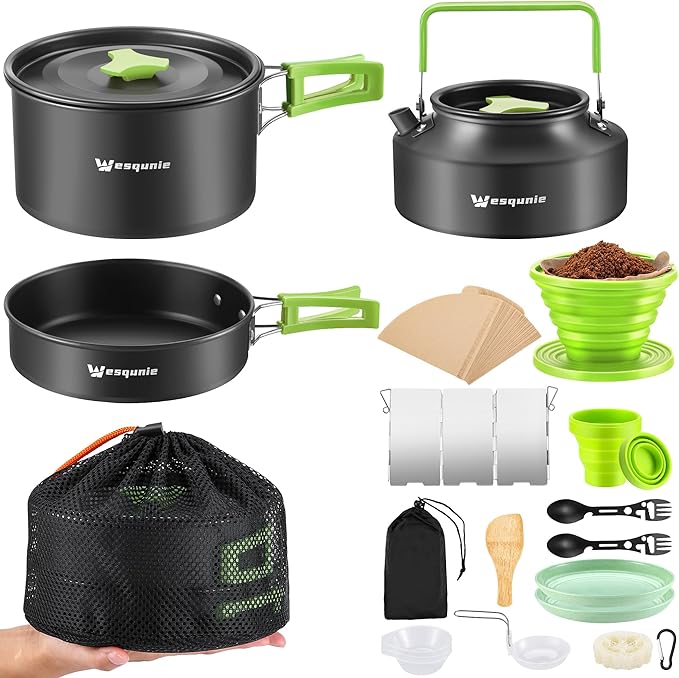 Camping Cooking Cookware Mess Kit - Non-Stick Lightweight Pot Pan Kettle Set with Collapsible Pour Over Coffee Dripper, Outdoor Kitchen Cook Essentials Gear for Camping Hiking Picnic