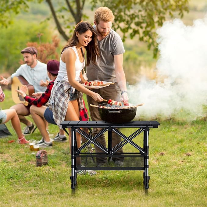2ft Roll Up Camping Table, 2 Adjustable Heights Aluminum Folding Camping Table with Storage Net and Bag, Waterproof, Lightweight Outdoor Table 25” X 16”, for Outdoor Travel BBQ Picnic, Black