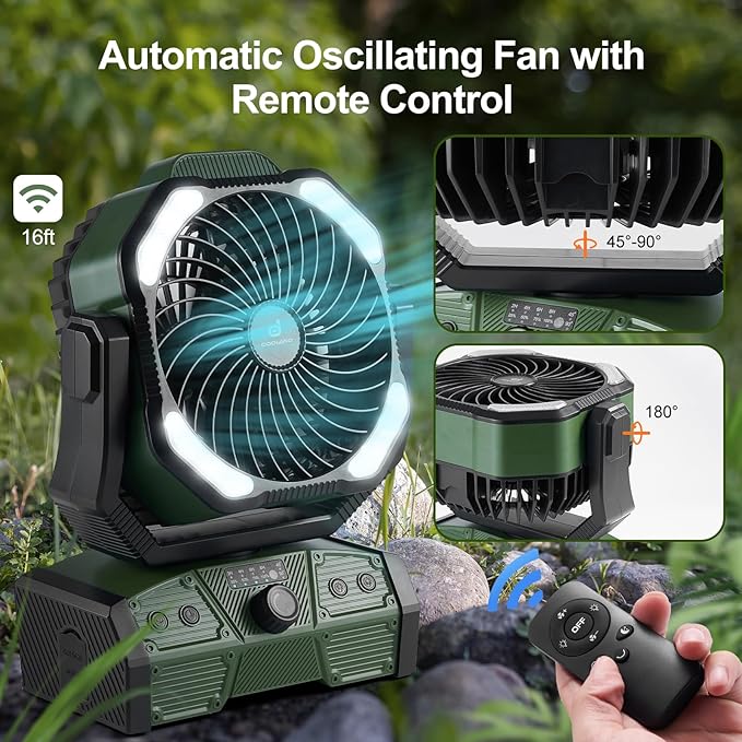 Odoland 40000mAh Camping Fan with LED Light, Battery Operated Oscillating Desk Fan with Remote & Hook, Rechargeable Outdoor Tent Fan with Timer for Hurricane Power Outage Travel Jobsite RV, Green