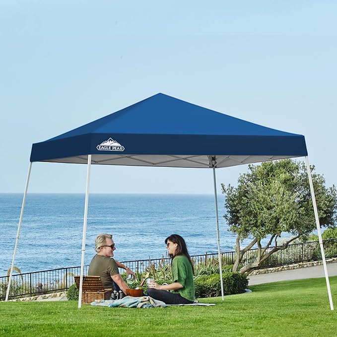 EAGLE PEAK 10x10 Slant Leg Pop-up Canopy Tent Easy One Person Setup Instant Outdoor Beach Canopy Folding Portable Sports Shelter 10x10 Base 8x8 Top (Dark Blue)