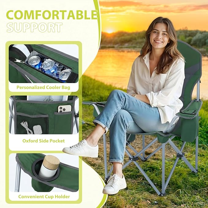 Nice C Camping Chair, Portable Chair, Lawn Chairs, Outdoor Chairs, with Armrest, Cooler Bag, Cup Holder, Side Pocket, for Camping, Traveling, Picnic (Green&Grey 2-Pack)
