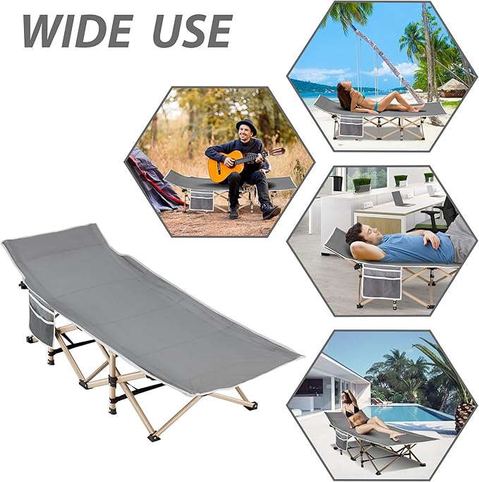 Folding Camping Cot for Sleeping, Portable Cots for Adults, Heavy Duty Cot Bed 550LBS(Max Load), Extra Wider Cots with Large Pocket for Outdoor, Office, Beach
