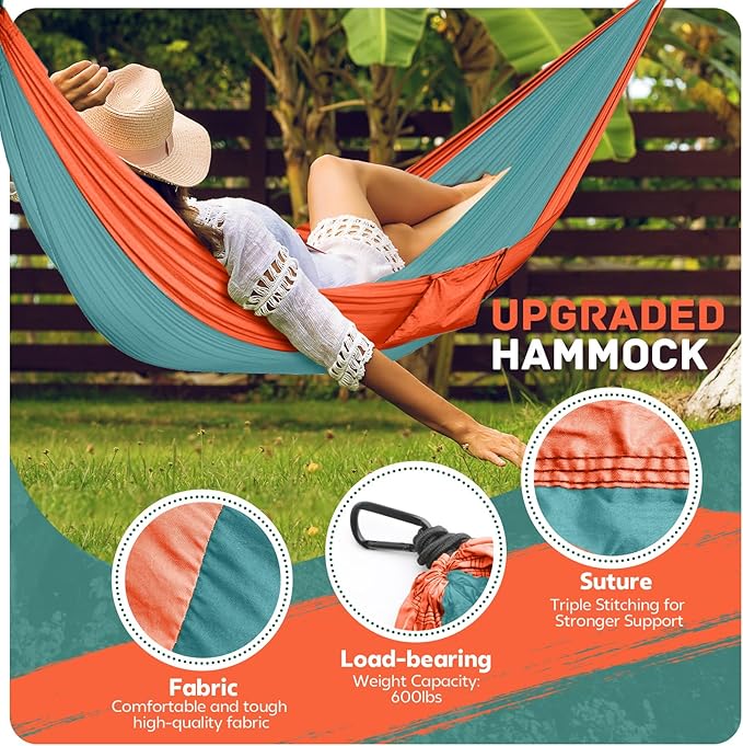 Camping Hammock Lightweight, Portable Hammocks Parachute Hammock with Two Tree Straps, Single or Double Travel Swing Nylon Camp Hammocks, Outdoor Essentials for Beach Backpacking Hiking, Orange