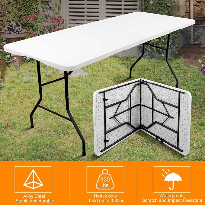 6ft Folding Table, Portable Heavy Duty Plastic Fold-in-Half Utility Table for Indoor/Outdoor Use, Dining, Camping, Picnic, Party, White