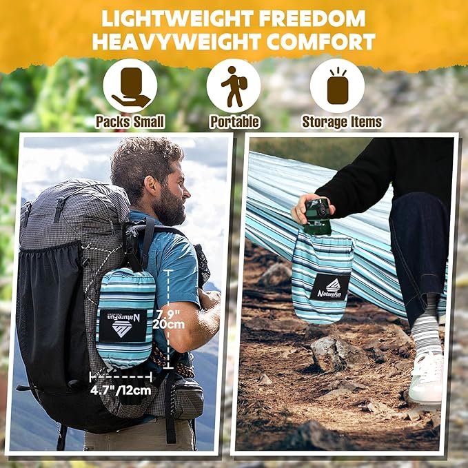 NATUREFUN Ultra-Light Travel Camping Hammock | 300kg Load Capacity,Breathable,Quick-Drying | 2 x Premium Carabiners,2 x Nylon Slings Included | Outdoor Indoor Garden