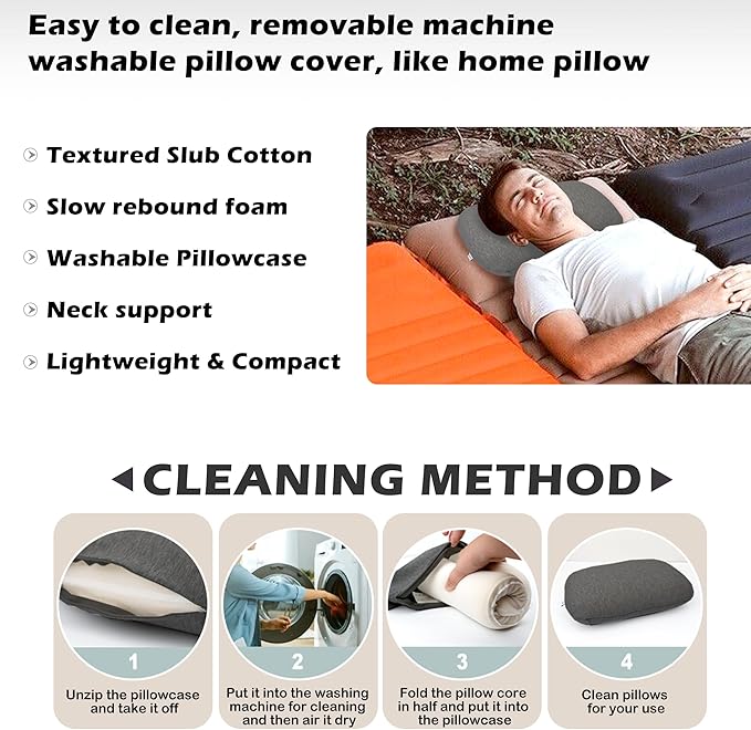 Memory Foam Camping Pillow - Lightweight & Portable Small Travel Pillow for Airplane & Train Travel, Camping, Backpacking, Removable Washable Cover, Easy to Clean, Includes Storage Bag