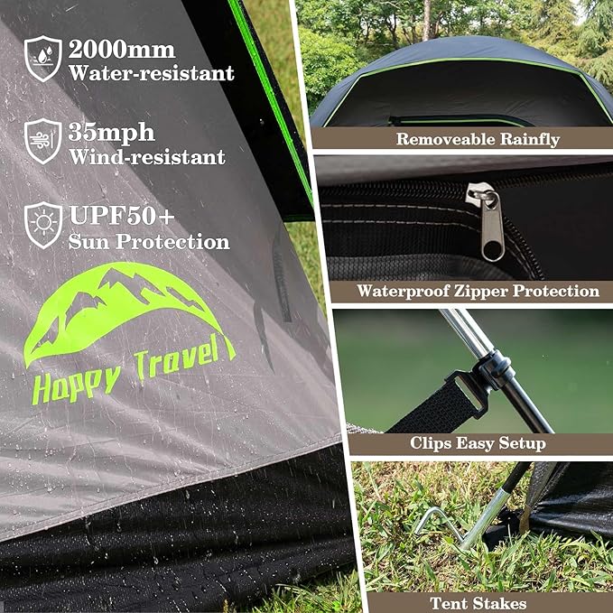 Happy Travel Camping Tent, 4/6 Person Dome Tents for Camping with Rainfly, Waterproof Clip Easy Setup Portable Family Tent with Mesh Windows, 20% More Headroom Backpacking Tents for Camping & Hiking