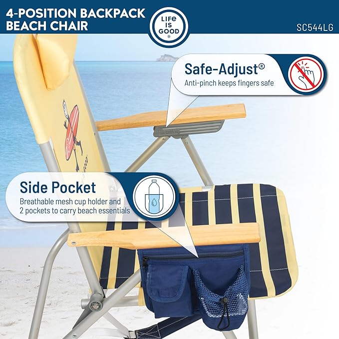 Life is Good 2-Pack 4-Position Aluminum Backpack Beach Chairs, Portable Folding Camp Chairs with Carrying Straps for Camping, Beach, Tailgating, Multi Color