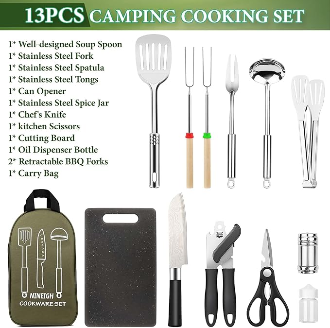 Camping Cooking Utensils Set, Stainless Steel Grill Tools, Camping BBQ Cookware Gear and Equipment for Travel Tenting RV Van Picnic Portable Kitchen Essentials Accessories