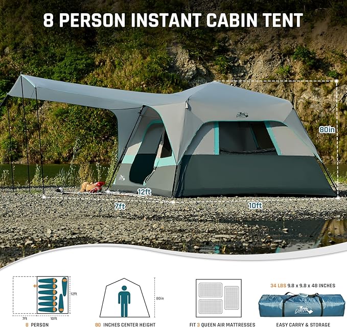 8 Person Instant Cabin Tent, Easy 60 Second Setup Family Tents for Camping, Pop up Camping Tent, Large Waterproof Tents for Outdoor Camping, Spacious Interior, Upgraded Ventilation