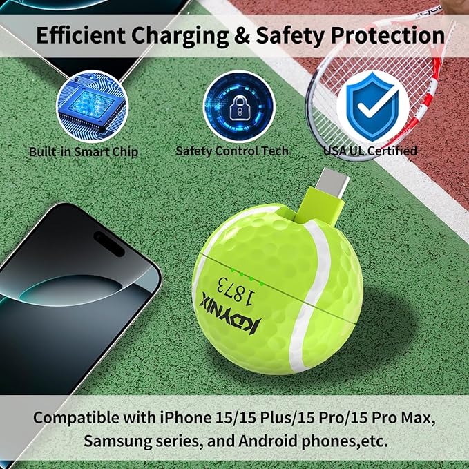 2000mAh Creative Golf Ball Power Bank, Emergency Mini Power Portable Charger USB-C, Compatible with iPhone15,16，17,15 Plus,15 Pro Max, Gift for Golf Lover Men Women (Tennis Golf Power Bank)