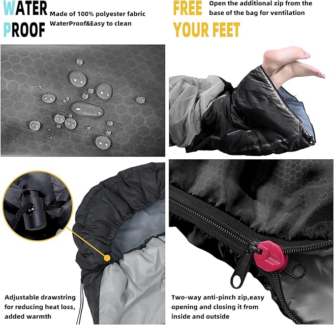 Sleeping Bag for Adults, Girls, Boys - 3 Season Warm & Cool Weather Lightweight Waterproof Camping Bag for Hiking, Outdoor Travel
