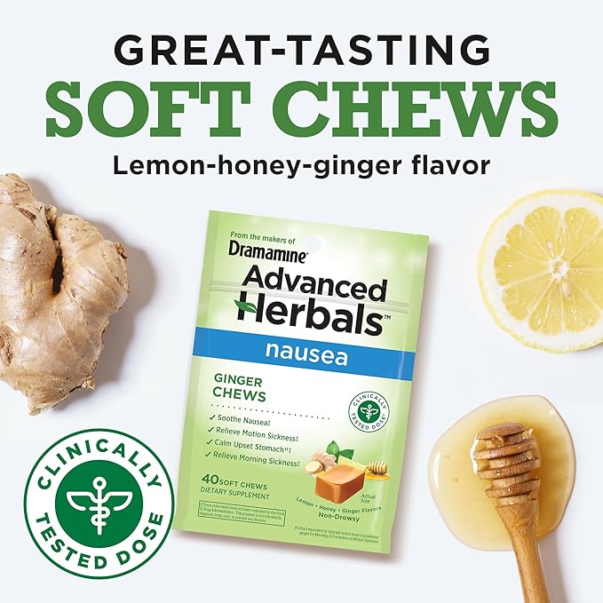 from The Makers of Dramamine, Advanced Herbals, Ginger Chews, Nausea Relief Soft Chews Lemon-Honey-Ginger, 40 Count