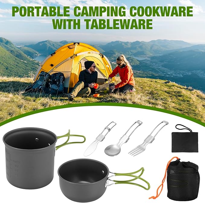 SS SUNSBELL Camping Cooking Set, Non-Stick Camping Pot and Pan Set, Portable Camping Cookware with Foldable Cutlery, 1-2 People Multifunctional Outdoor Cooking Equipment for Hiking, Picnicking