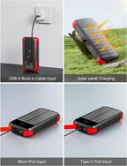 Solar Charger Power Bank, 40000mAh Portable Charger PD 20W Fast Charging Solar Power Bank Built in 4 Cables and USB-C in/Output, Camping Essentials External Battery Pack with Flashlights